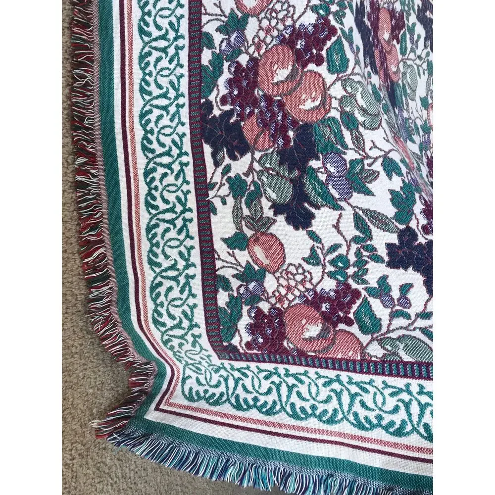 vintage 90s Reversible FRUIT PRINT plums, grapes, pears Fringe BLANKET afghan